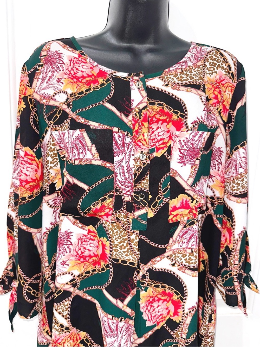 Dressbarn bold floral, chain, and animal-print tunic blouse, size Large - Picture 5 of 8
